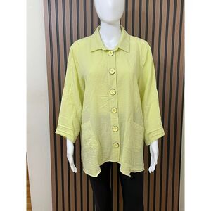 Ali Miles Women's L Yellow Button-Up Shirt Rayon Tunic Lagenlook Utility Resort